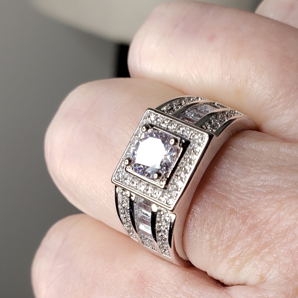 14K White Gold Sterling Silver Wedding Thick Heavy Masculine Ring Luxury - Picture 10 of 13